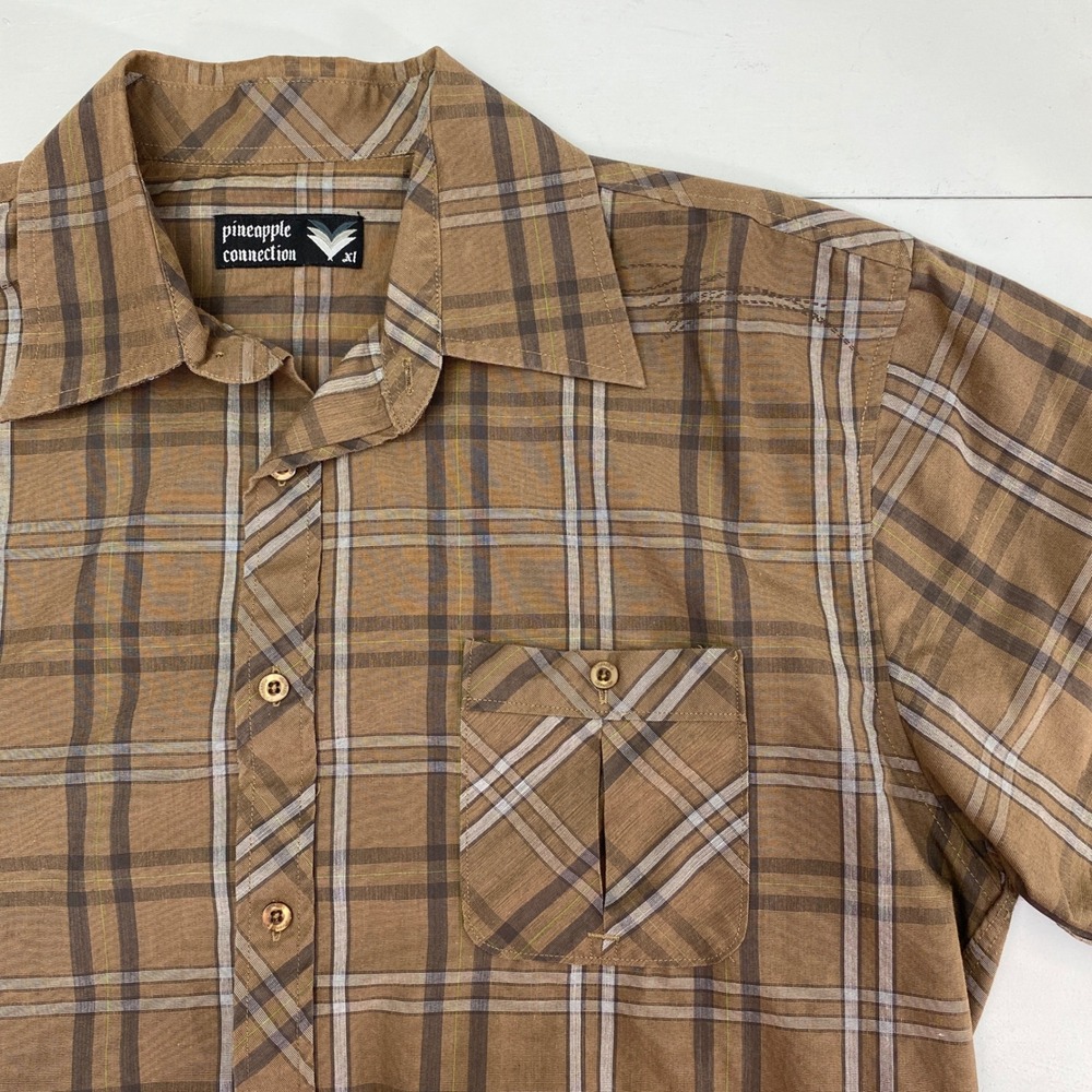 Vintage Pineapple Connection Plaid Button Up Shirt Mens XL Brown SS Western